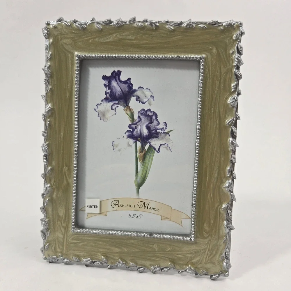 Ashleigh Manor Wisteria Pewter Picture Frame 3.5x5 Green Enamel Leaf Border